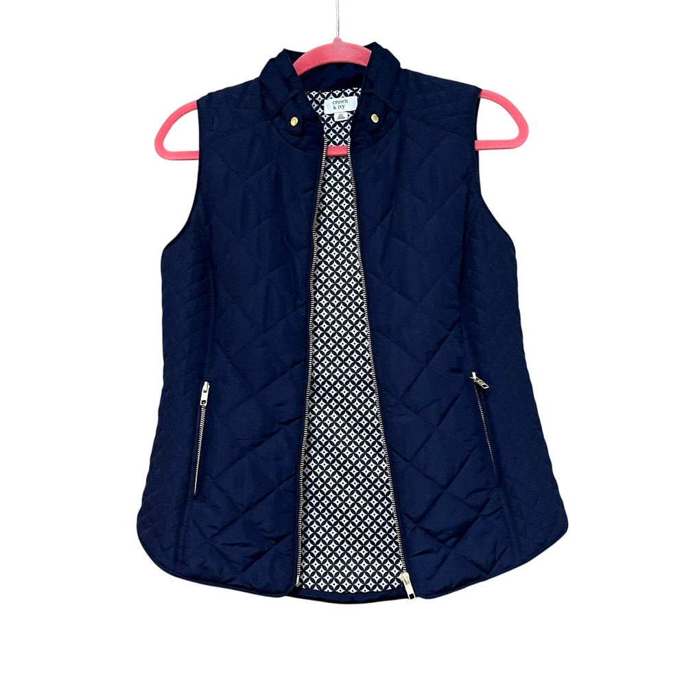 Crown & Ivy Women's Navy Blue Quilted Vest w/ Gold Accents - Stylish! XS EUC